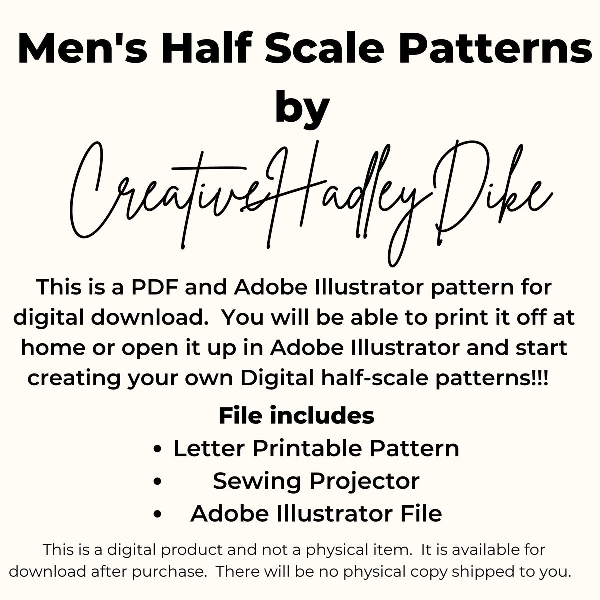 Men's half scale patterns by Creative HadleyDike: letter printable pattern, sewing projector file and Adobe Illustrator file