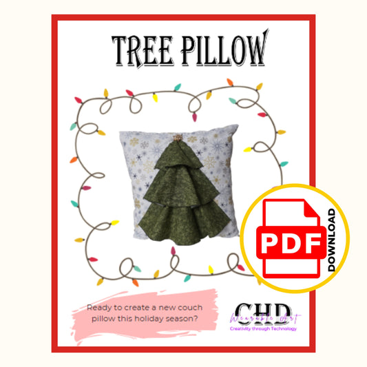 Tree pillow PDF sewing pattern cover: a pillow with a layered green fabric Christmas tree, framed with lights