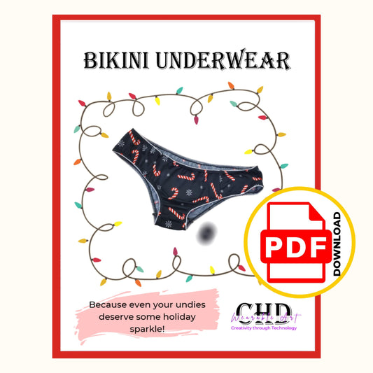 Bikini underwear PDF sewing pattern cover with candy cane print knit bikini briefs framed with Christmas lights