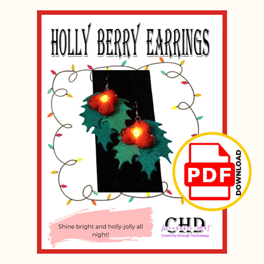 Holly berry earrings PDF pattern cover with glowing red pom pom berries on green felt holly leaves