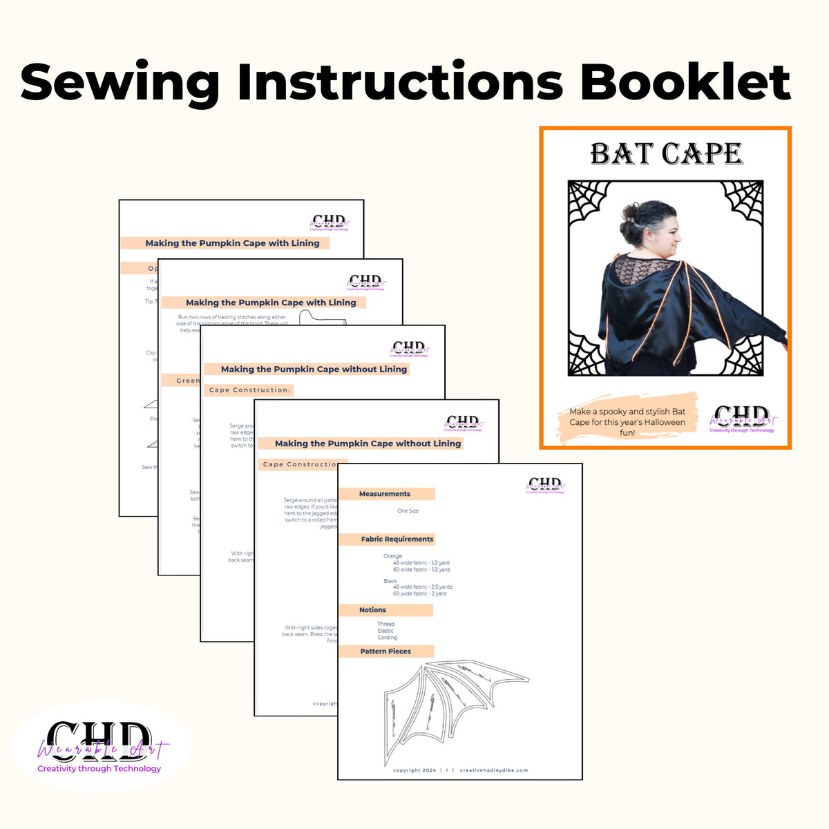 Sewing instructions booklet pages for the bat cape Halloween costume pattern