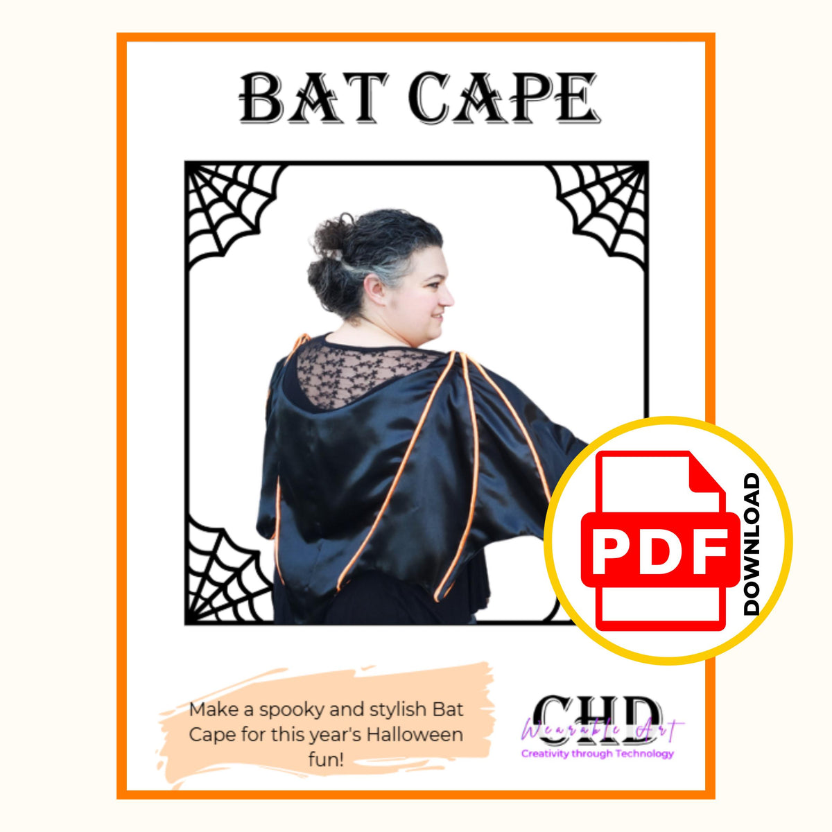Bat cape PDF sewing pattern cover with a spiderweb frame and a woman wearing the finished black bat wing cape