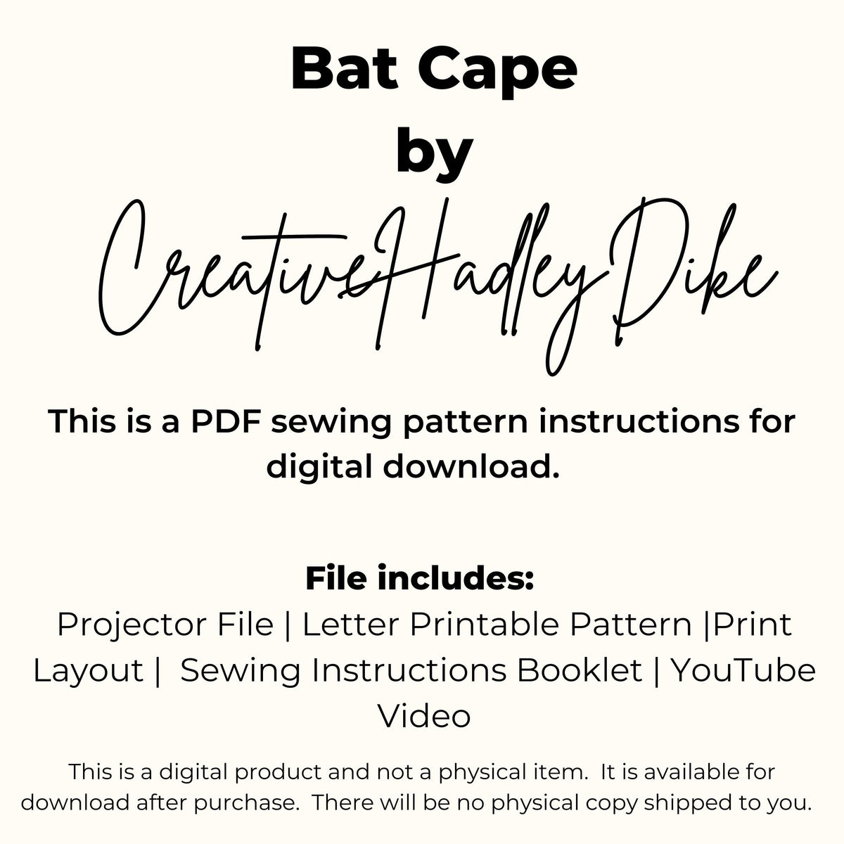 Bat cape PDF pattern details: projector file, letter printable pattern, print layout, sewing instructions booklet and YouTube video