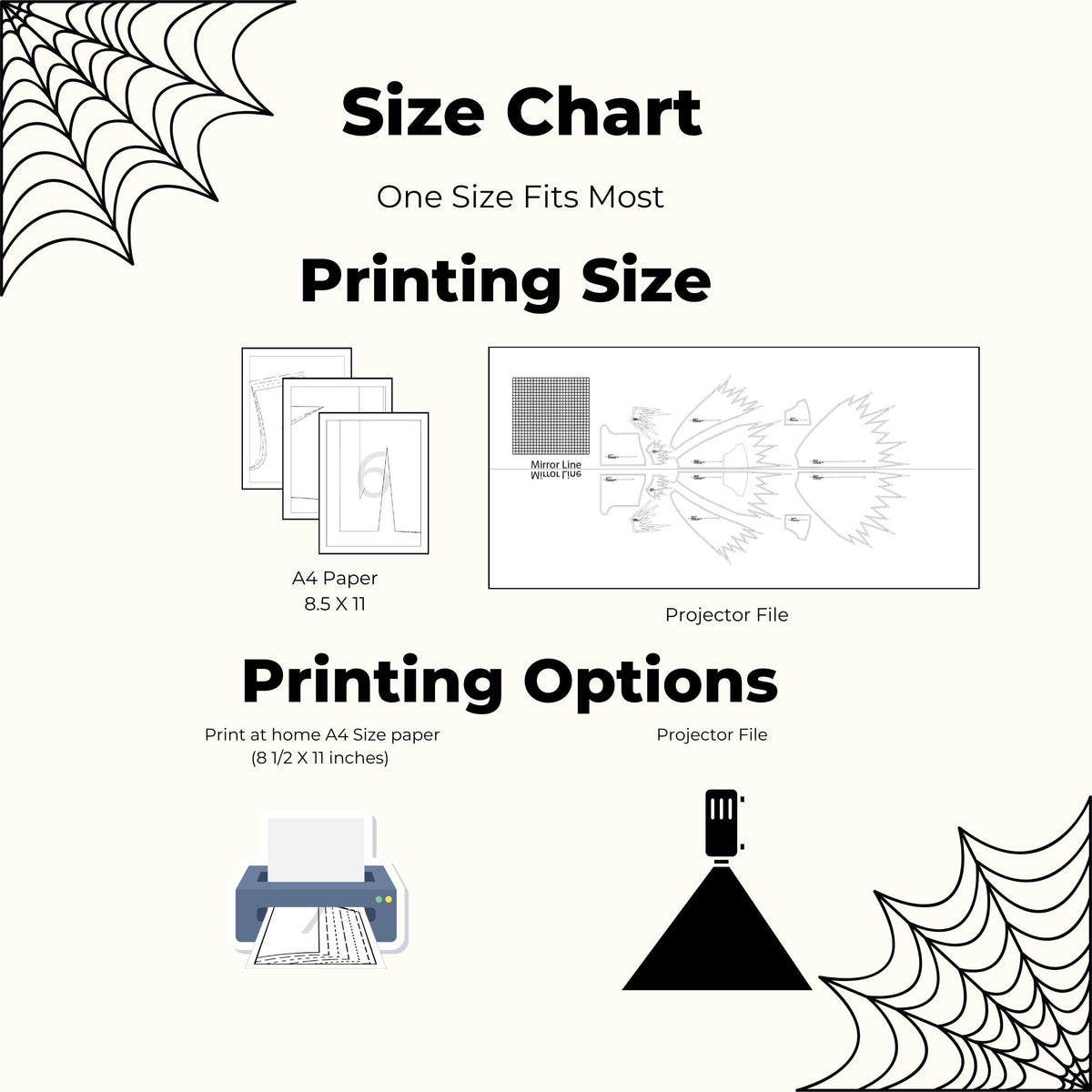 Bat cape size chart and printing options: one size fits most adults, A4 or letter paper or projector file