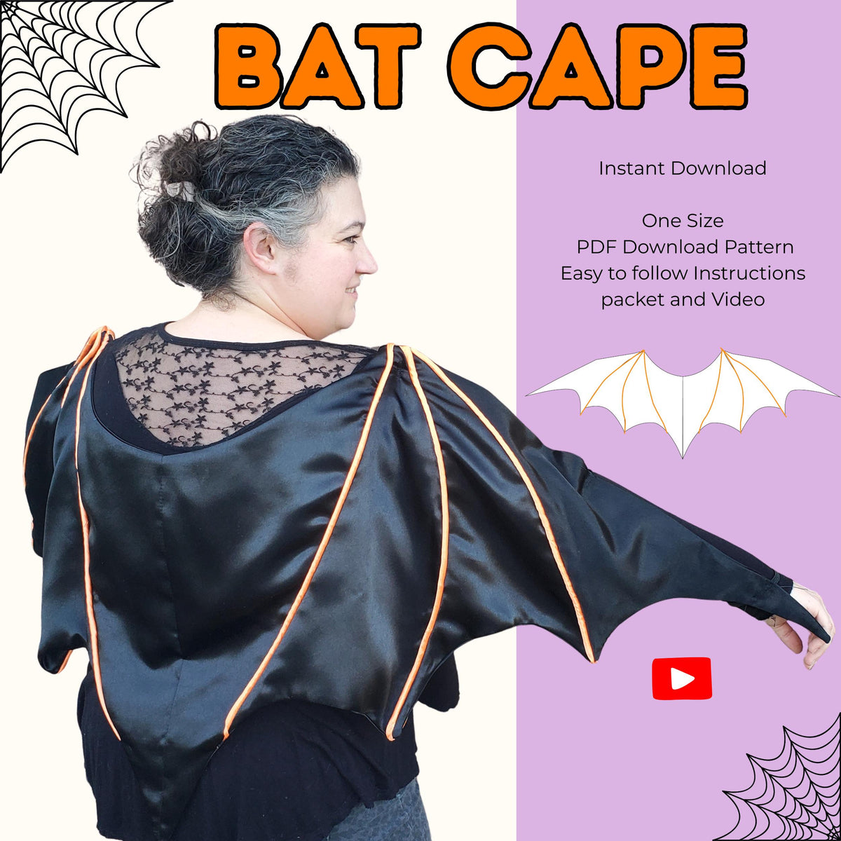 Bat cape sewing pattern cover showing a woman from behind with black satin bat wings and orange piping spread wide