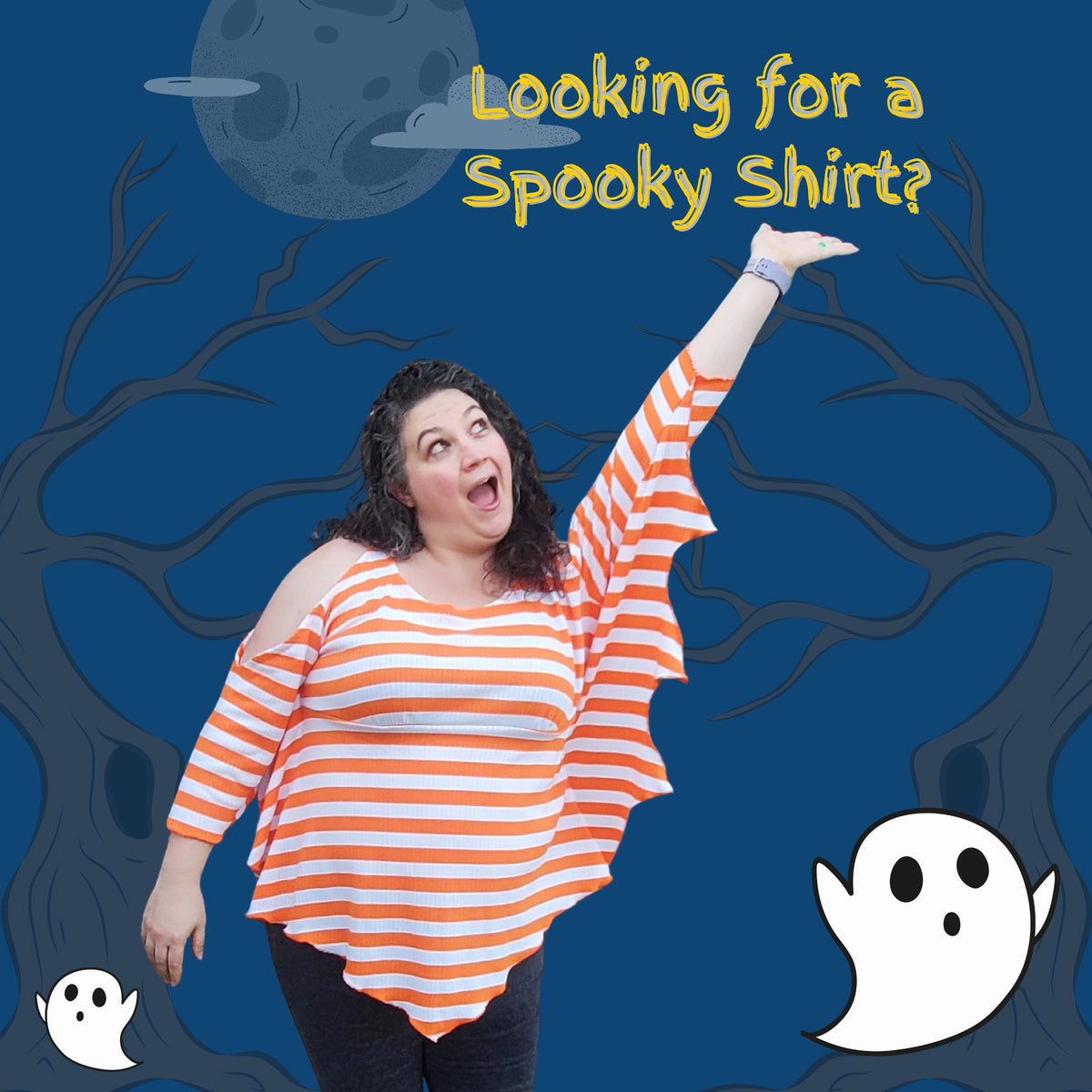 Woman in an orange striped bat wing shirt on a spooky blue background asking Looking for a spooky shirt