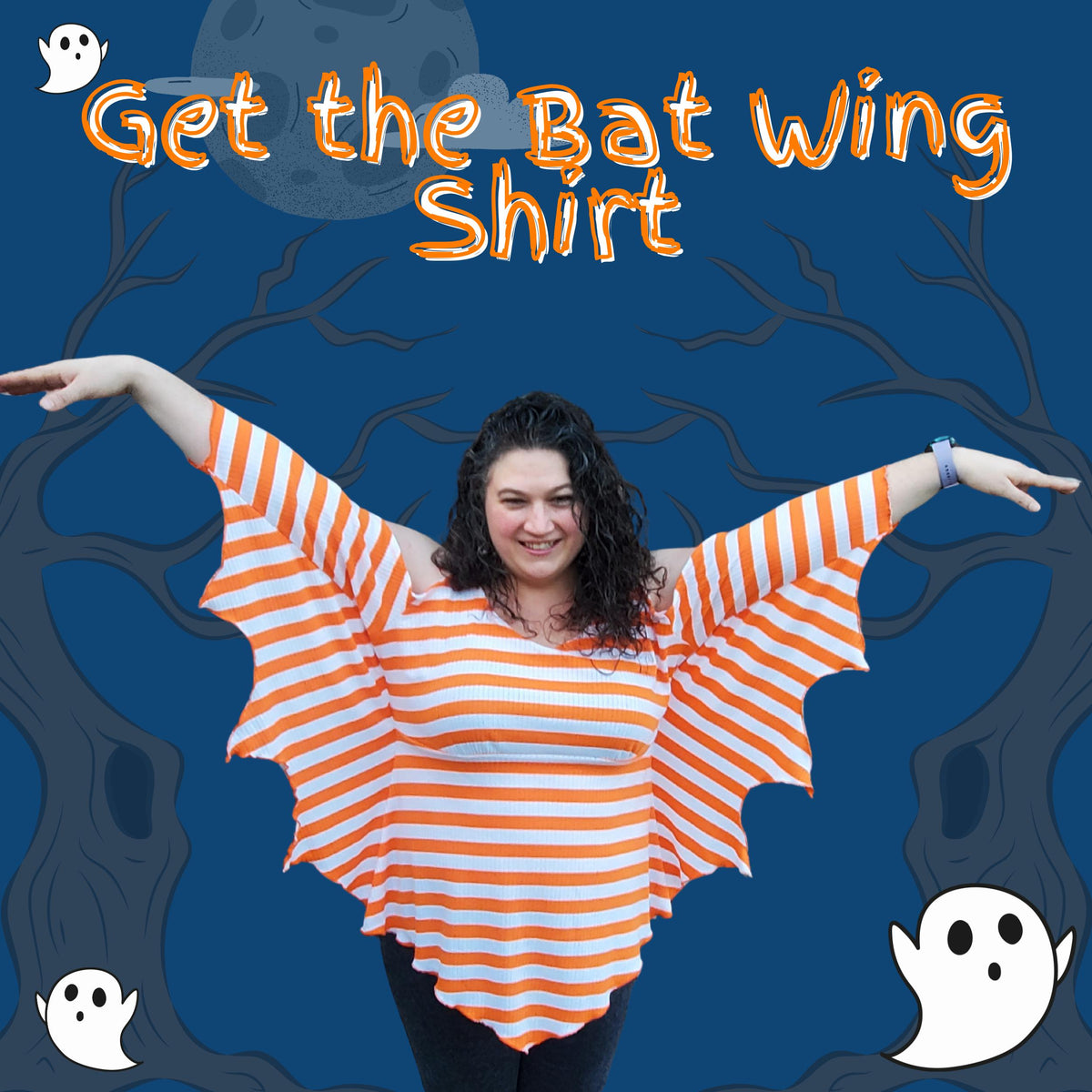 Woman spreading her arms to show the pointed bat wing sleeves: get the bat wing shirt