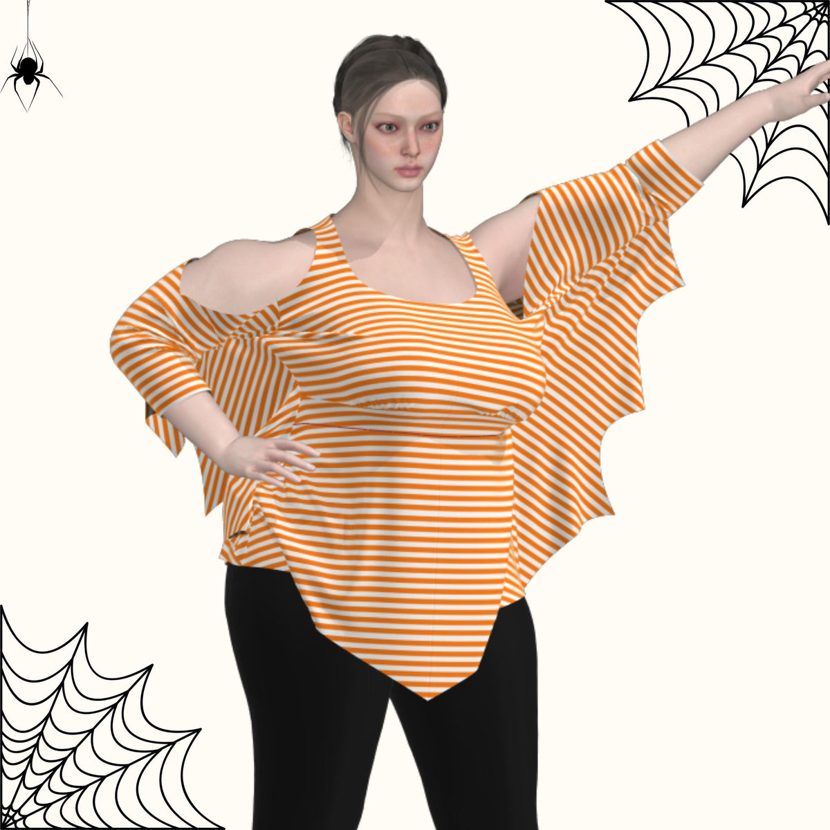 3D model wearing the orange and white striped bat wing shirt with pointed hem