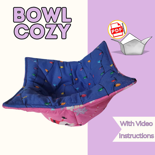 Bowl cozy sewing pattern cover with a blue Christmas light print microwave bowl cozy, with video instructions