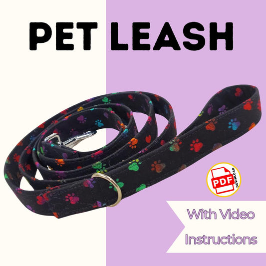 Pet leash sewing pattern cover with a black rainbow paw print fabric dog leash, with video instructions