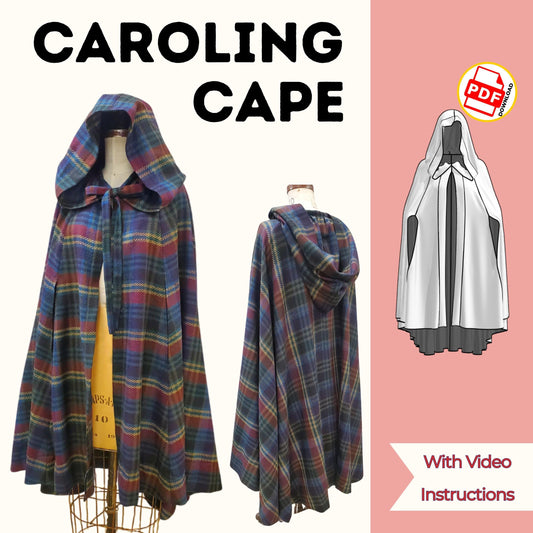 Caroling cape sewing pattern cover with a plaid wool hooded cape on a dress form, adult 3/4 circle cape with video instructions