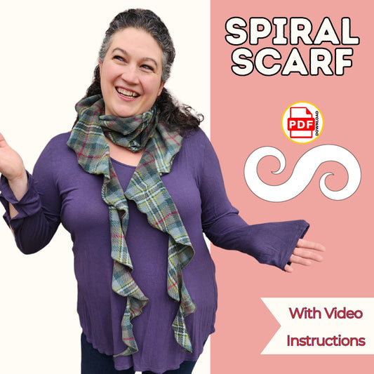 Spiral scarf sewing pattern cover with a smiling woman wearing a plaid ruffled spiral scarf, with video instructions