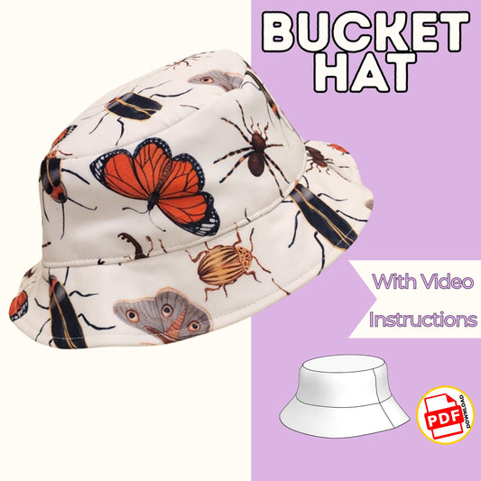 Bucket hat sewing pattern cover with a cream bucket hat printed with butterflies and beetles, with video
