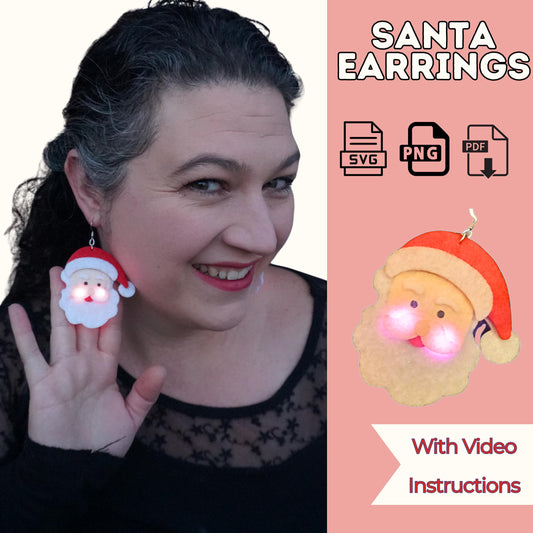 Santa earrings DIY pattern cover with a smiling woman wearing a light-up felt Santa earring, SVG, PNG and PDF files