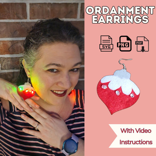 Christmas ornament earrings DIY pattern cover with a woman wearing a glowing red felt ornament earring, SVG, PNG and PDF