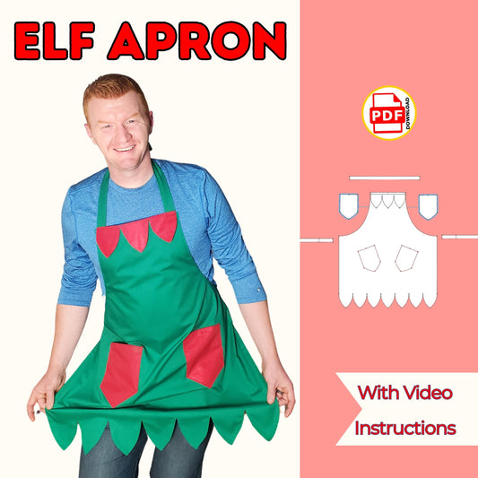 Elf apron sewing pattern cover with a smiling man in a green apron with red pockets and pointed hem, with video
