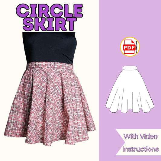 Circle skirt sewing pattern cover with a pink print full circle skirt on a dress form, with video instructions