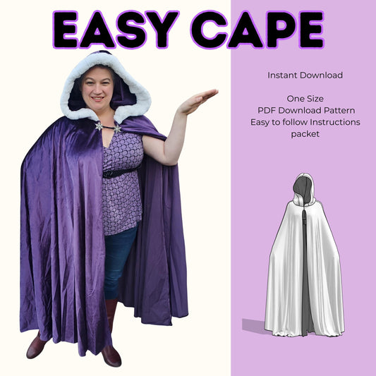 Easy cape sewing pattern cover with a woman in a purple velvet circle cape with white faux fur hood
