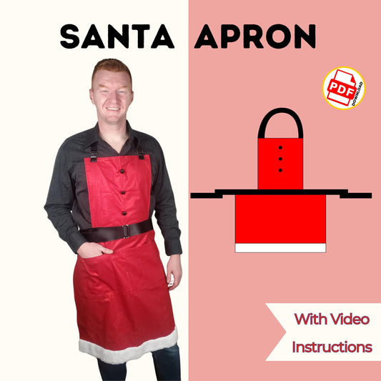 Santa apron sewing pattern cover with a smiling man in a red apron with black belt and white fur hem, with video