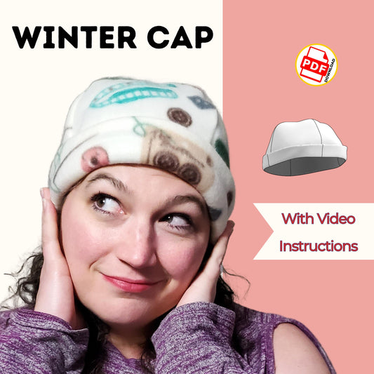 Winter cap sewing pattern cover with a woman in a printed fleece beanie covering her ears, with video instructions