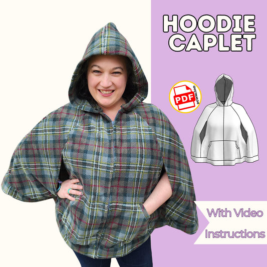 Hoodie capelet sewing pattern cover with a woman in a green plaid hooded capelet with kangaroo pocket, with video