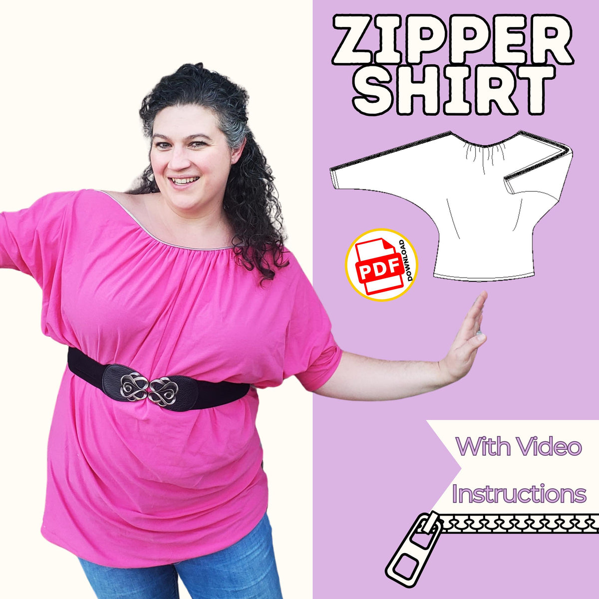 Boatneck zipper shirt sewing pattern cover with a smiling woman in a pink gathered boatneck top with belt, with video