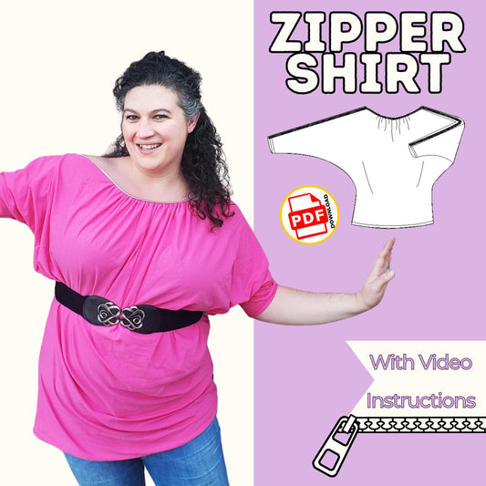 Boatneck zipper shirt sewing pattern cover with a smiling woman in a pink gathered boatneck top with belt, with video