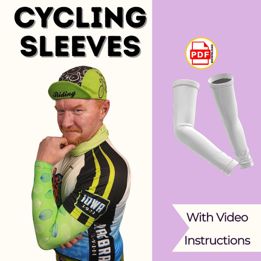Cycling sleeves sewing pattern cover with a cyclist wearing green UV protection arm sleeves, with video instructions