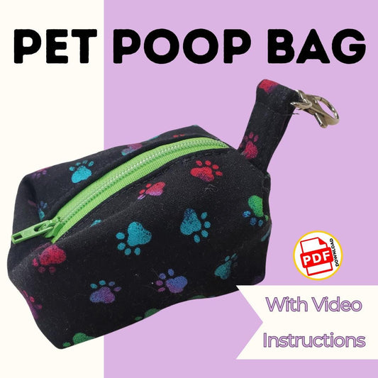 Pet poop bag holder sewing pattern cover: black paw print zippered pouch with green zipper and clip, with video