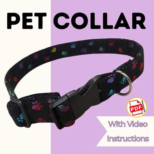 Pet collar sewing pattern cover with a black paw print fabric dog collar with buckle, with video instructions