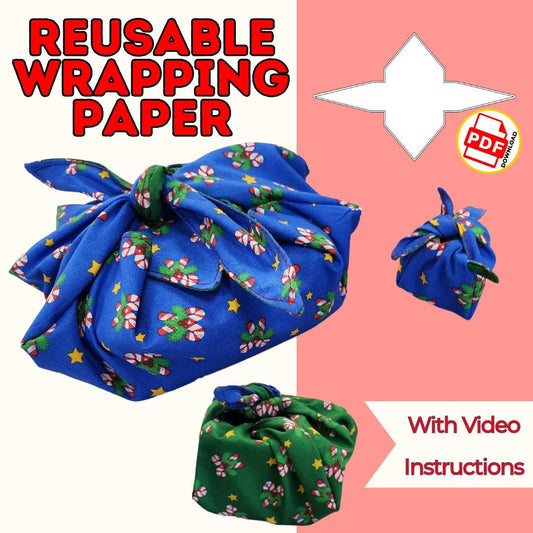 Reusable wrapping paper sewing pattern cover with blue and green candy cane fabric gift wraps in 3 sizes, with video