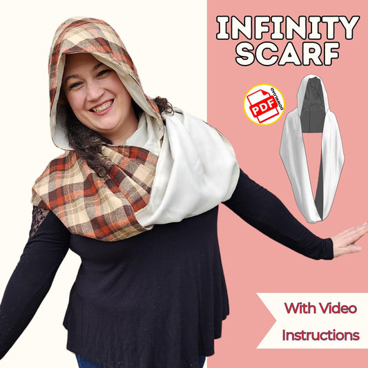 Infinity scarf sewing pattern cover with a smiling woman in a brown plaid hooded infinity scarf, with video
