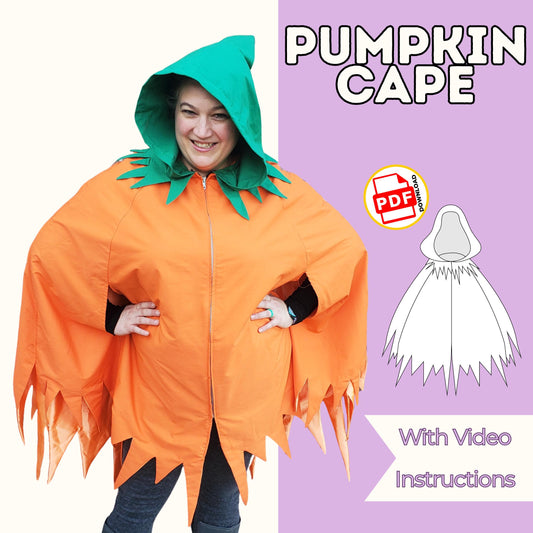Pumpkin cape sewing pattern cover with a woman in an orange hooded cape with green leaf collar and jagged hem, with video