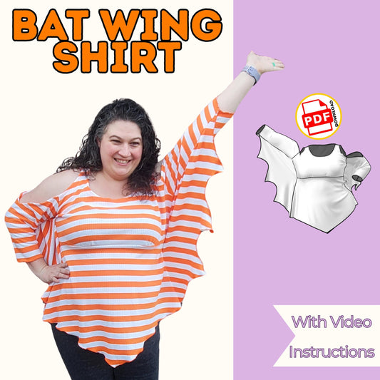 Bat wing shirt sewing pattern cover with a smiling woman in an orange and white striped bat wing top, with video