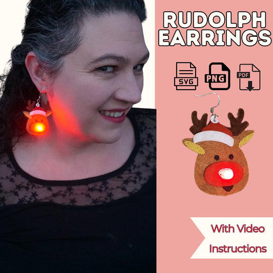 Rudolph earrings DIY pattern cover with a woman wearing a felt reindeer earring with a glowing red nose, SVG, PNG and PDF