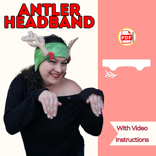 Antler headband sewing pattern cover with a woman wearing a green headband with felt reindeer antlers, with video instructions