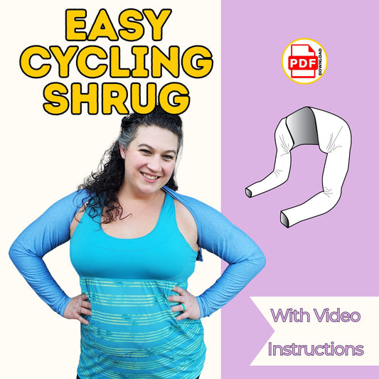 Easy cycling shrug sewing pattern cover with a woman in a blue UV sun shrug over a tank top, with video