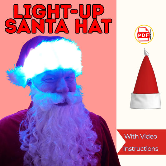 Light-up Santa hat sewing pattern cover with Santa wearing a glowing hat, with video instructions