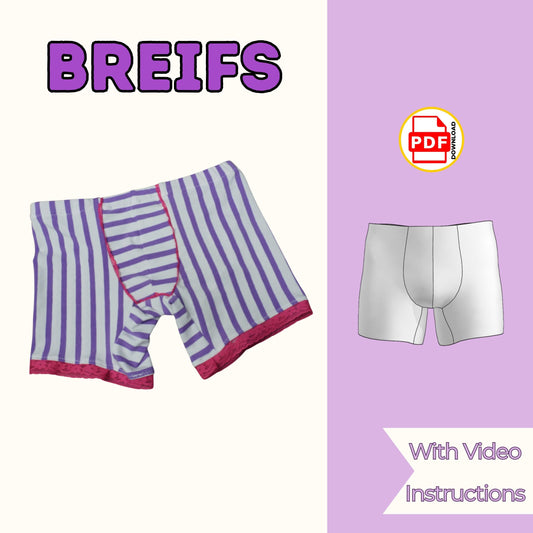 Men's briefs sewing pattern cover with purple and white striped knit boxer briefs with pink trim, with video