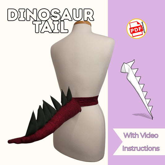 Dinosaur tail sewing pattern cover with a red tail with dark green spikes on a dress form, with video instructions