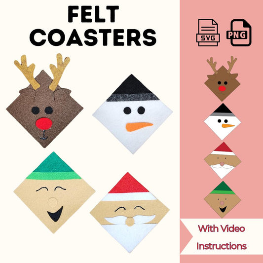 Felt coasters sewing pattern cover with reindeer, snowman, elf and Santa felt coasters, SVG and PNG files, with video