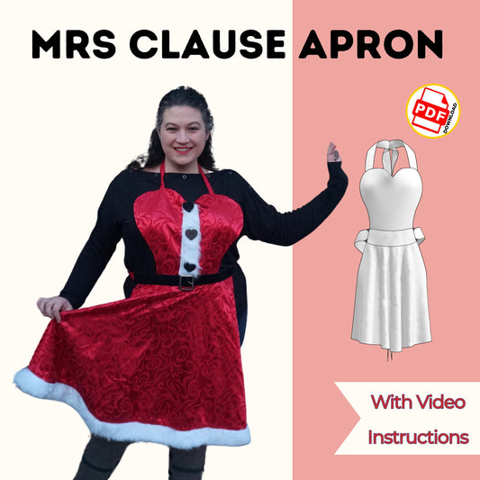 Mrs Claus apron sewing pattern cover with a woman in a red and black apron with full skirt and white fur trim, with video