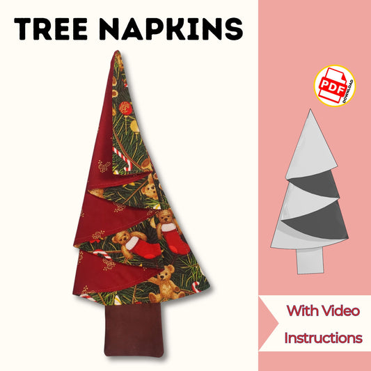 Tree napkins sewing pattern cover with a red holiday print napkin folded into a Christmas tree shape, with video