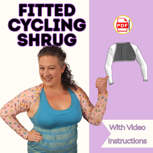 Fitted cycling shrug sewing pattern cover with a woman in a pink print UV shrug over a blue tank, with video