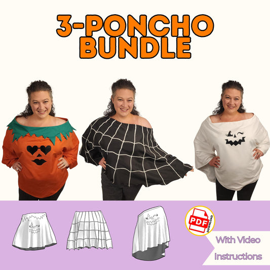 3-poncho bundle sewing pattern: pumpkin, spider web and ghost Halloween ponchos modeled, with video instructions