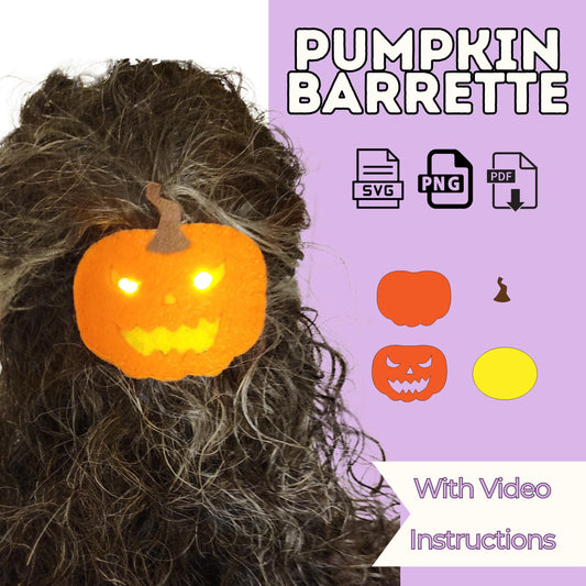 Pumpkin barrette sewing pattern cover with a glowing felt jack-o-lantern hair clip in curly hair, SVG, PNG and PDF