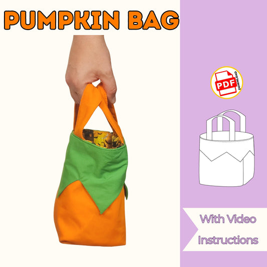Pumpkin bag sewing pattern cover with a hand holding an orange and green pumpkin treat bag, with video instructions