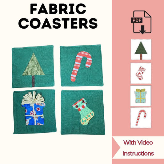 Fabric coasters sewing pattern cover with green holiday coasters featuring a tree, candy cane, present and stocking