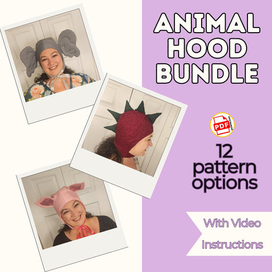 Animal hood sewing pattern bundle with 12 ear options shown on elephant, dinosaur and pig hoods, with video instructions