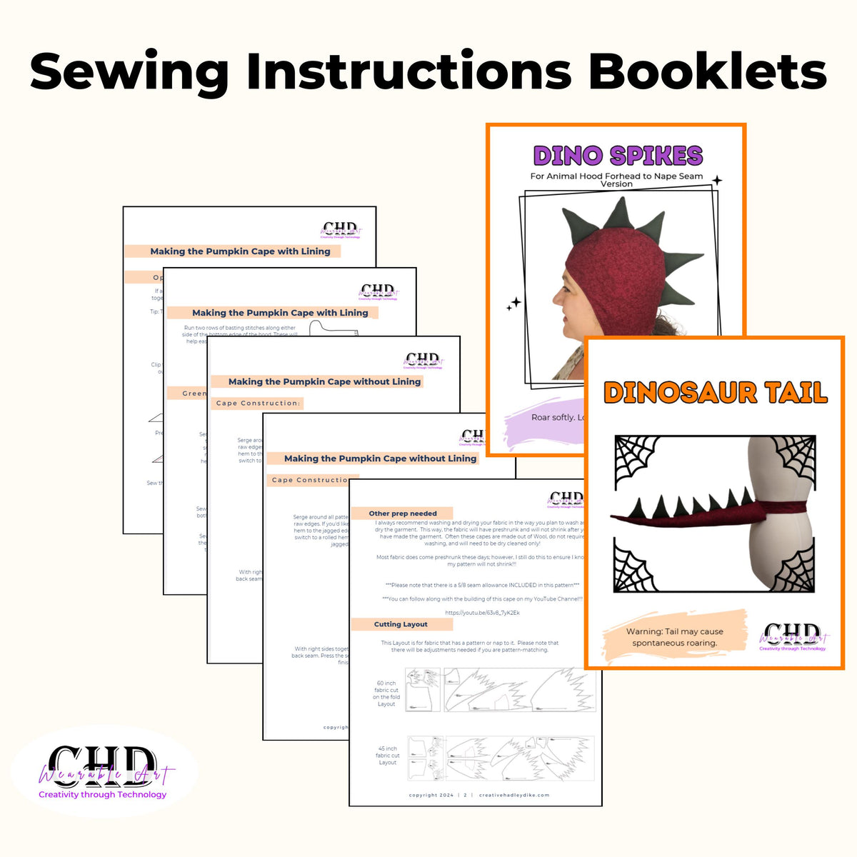 Sewing instructions booklets for the dino spikes hood and dinosaur tail
